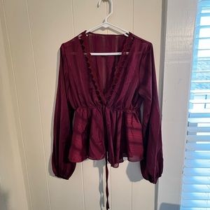 Red long sleeve blouse with cinched waist